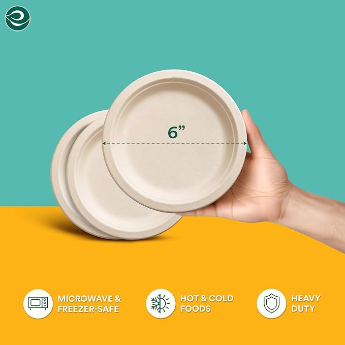 ECO SOUL Compostable Paper Plates 6 Inch (400 Count) Plates for Christmas Dessert, Heavy Duty, Eco-Friendly Sugarcane Bagasse Small Plates For Appetizer- Natural Brown