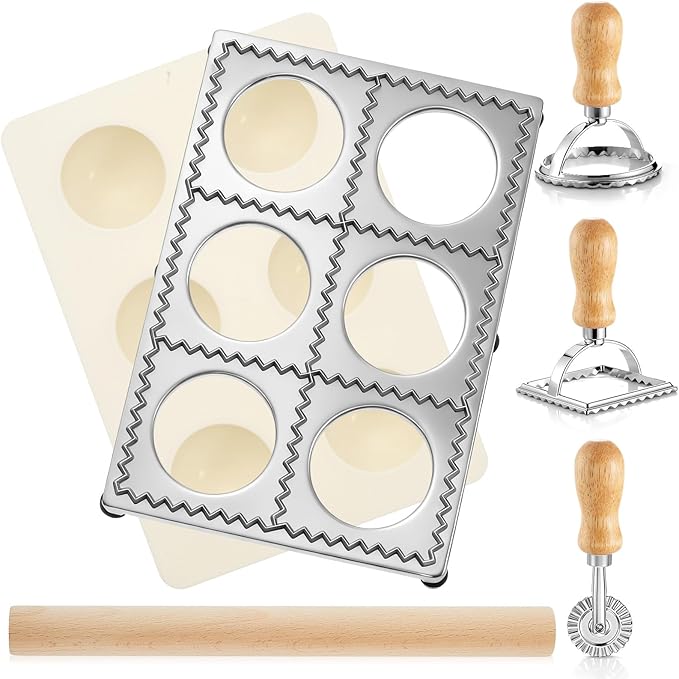 Geetery 5 Pcs Ravioli Mold Set 2.7 Inch Squares Ravioli Maker Cutter Include 1 Raviolis Maker Press 3 Pasta Cutter Stamp Makers 1 Wood Rolling Pin Pasta Making Tool for Home Kitchen Supplies (6 Holes)