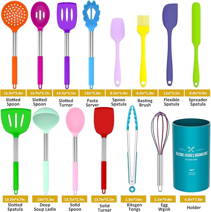 Umite Chef Kitchen Utensils Set, 15 pcs Silicone Cooking Kitchen Utensils Set, Non-stick Silicone Stainless Steel Handle Turner Spatula Spoon Tongs Whisk Cookware - Colorful