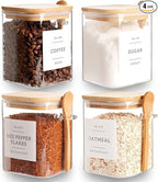 CZZGSM Set of 4 Square Glass Jar with Bamboo Lids and Spoons – Airtight 27 oz Borosilicate Glass Food Storage Contaienrs with 132 Kitchen Pantry Labels for Coffee, Tea, Sugar
