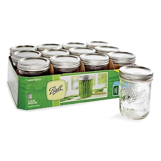 Ball Wide Mouth Pint 16-Ounce Glass Mason Jar with Lids and Bands, 12-Count