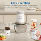 Electric Blender and Food Processor Combo: 4 in 1 Food Grinder for Grinding Meat Coffee, Peeling Garlic & Juicing, 350W Food Chooper with 1.8L Stainless Steel Bowl & 2 Cups, 2 Speed, White