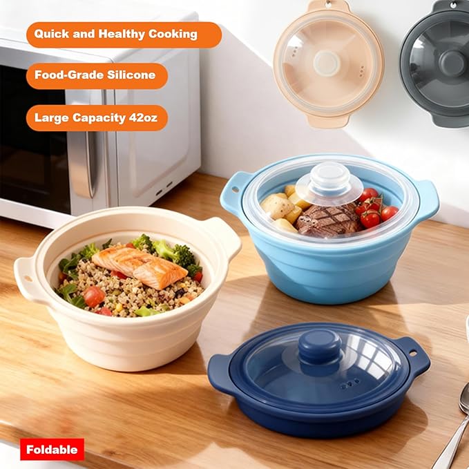 42oz Silicone Microwave Steamer For Vegetables, Cooker For Microwave with Handle & Lid, Collapsible Steam Pot, Heat-Resistant Cooker with Steam Holes, BPA Free, Dishwasher Safe (Dark Blue), 1 Pack