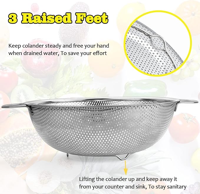 P&P CHEF Stainless Steel Colander, Micro-Perforated Food Strainer with Handle for Washing Draining, Great for Pasta Fruits Vegetables, Dishwasher Safe & Healthy, 5 Qt, 1Pc