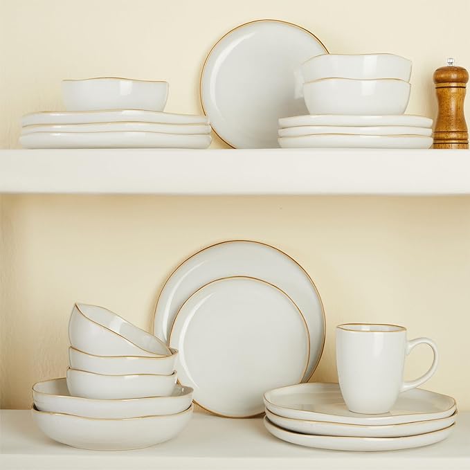 Pokini 24 Piece White Ceramic Plates and Bowls Sets for 8, Reactive Glaze Stoneware with Coastal‑Line Look | Ideal for Holiday Entertaining, Thanksgiving, and Large Family Meals