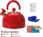 Tea Kettle,Whistling Tea Kettle Stovetop 2.6 Quart, Tea Pots for Stove Top Food Grade Stainless Steel,Wood Pattern Handle,Christmas Gift(Red),With Anti Scald Towel