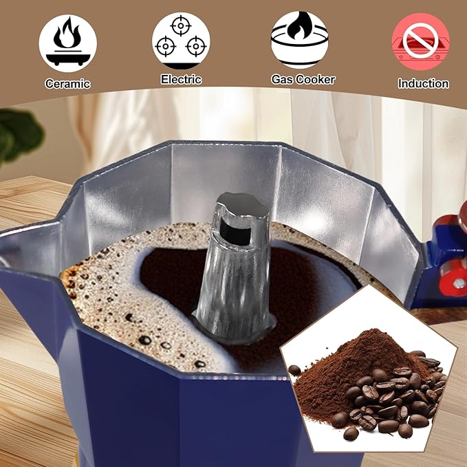 Aluminum 9 Cup 450ml Moka Pot Express Coffee Maker Stovetop Espresso Colorful Coffeemaker Italian Classic Style Brewing Greca Cafe Mocha Machine for Cafeteras Lover Camping Travel and Home Use 15oz