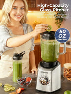 FOHERE Professional Blender Peak 1300W, Countertop Blender with 3 Presets＆ 5 Speeds for Smoothies, Shakes, and Frozen Drinks, 50 Oz Glass Jar ＆20 Oz Tritan Jug