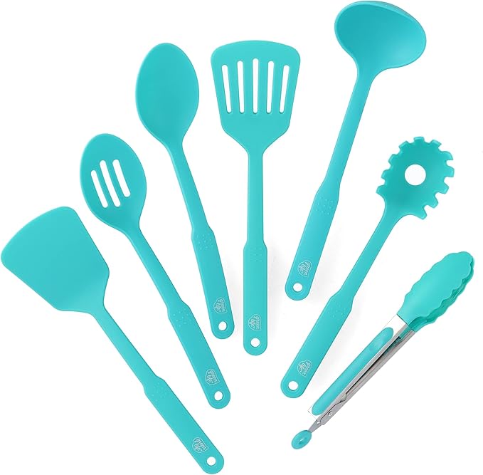 GreenLife Cooking Tools and Utensils, 7 Piece Nylon Set including Spatulas Turner Spoons and Tongs, Dishwasher Safe, Caribbean Blue