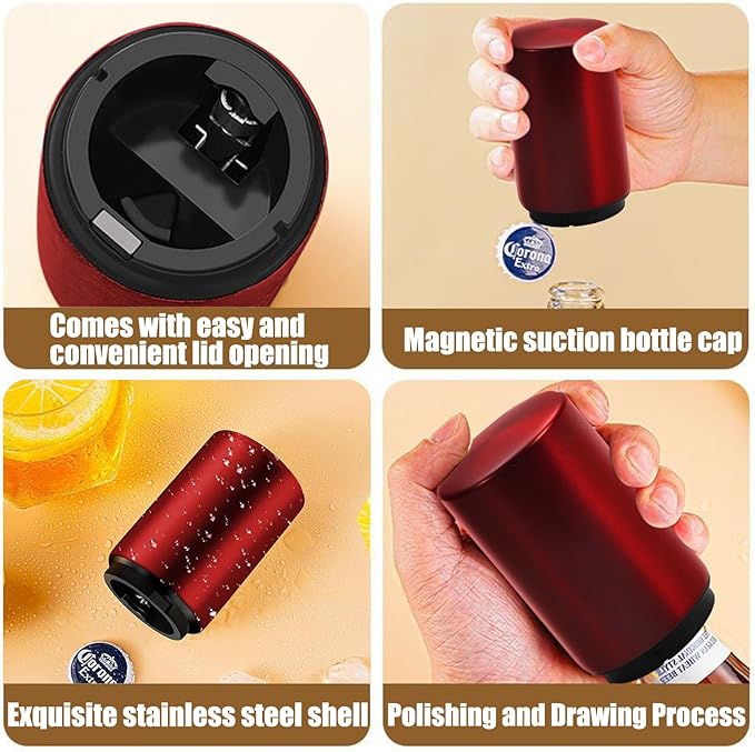 Automatic Bottle Opener Magnetic Stainless Steel Push Down Opener Destapadores de Cerveza, Down-Pop Off Beer Bottle Opener with Magnetic Cap Catcher, Home Bars Kitchen Cool Bartender Tools（red）