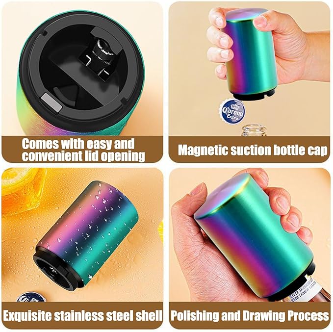 Beer Bottle Opener Destapadores de Cerveza Automatic Bottle Opener Bottle Cap Opener, Down-Pop Off Beer Bottle Opener with Magnetic Cap Catcher, Cool Bartender Tools, Men Beer Gift （Color）