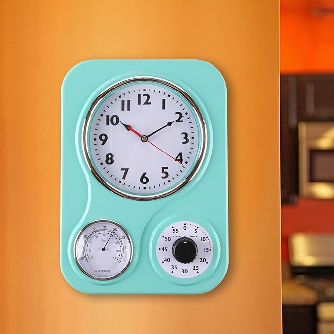 Lily's Home - 9.5 Inch x 12.5 Inch - Retro Kitchen Wall Clock, Vintage Wall Clock with a Thermometer and 60-Minute Timer, Ideal for Any Kitchen, Office, or Diner (Turquoise)