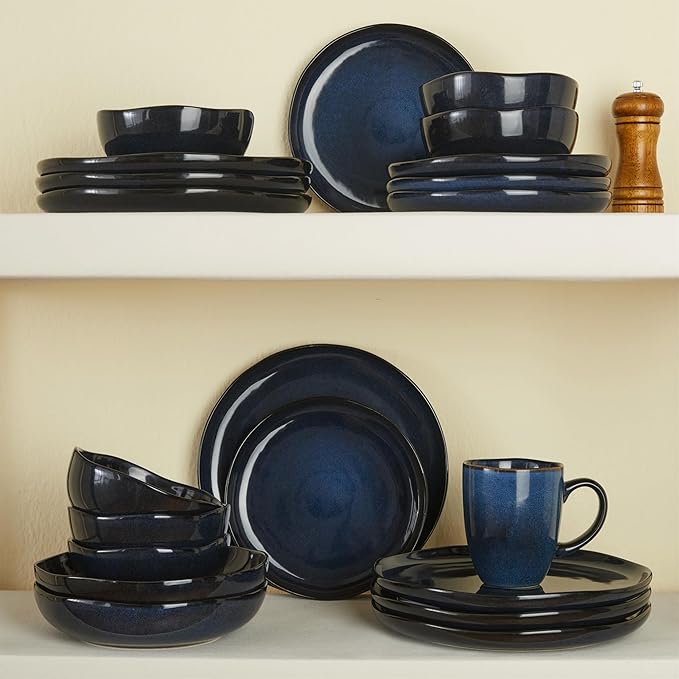 Pokini 18 Piece Stoneware Dish Set for 6, Reactive Glaze Ceramic Plates and Bowls Set | Coastal‑Inspired Irregular Design for Casual Entertaining & Intimate Dinners | Dishwasher & Microwave Safe