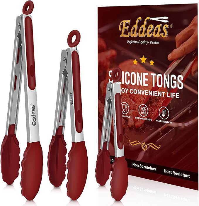 EDDEAS Tongs For Cooking - 7",9" and 12 inch Kitchen Tong with Silicone Tip,Heat Resistant 600 Degrees Metal Locking Tongs - for cooking,Salad and Barbecue,Red Set of 3