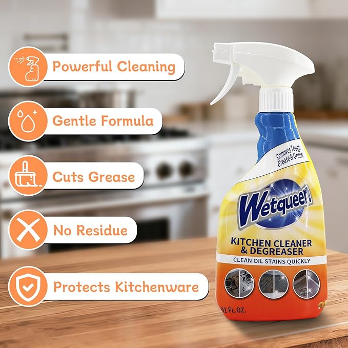 WETQUEEN All Purpose Cleaner Spray, Powerful Kitchen Degreaser Foam Spray, Stubborn Stains Cleaner for Kitchen, Bathroom, Cooker, Countertops, Tiles, Dual-Spray Nozzle, Lemon Scent, 16.91 Fl Oz
