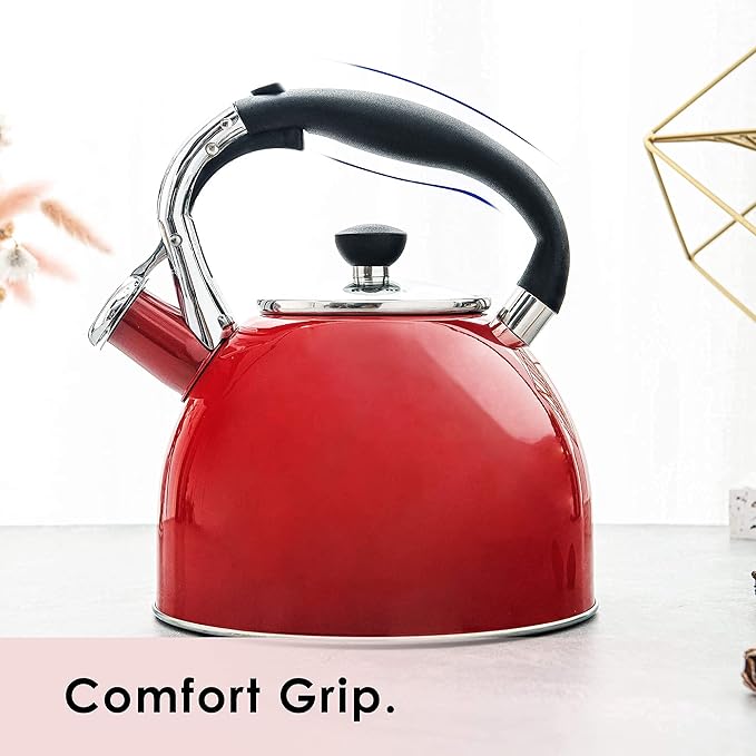 Rorence Whistling Tea Kettle: 2.5 Quart Stainless Steel Kettle for Stove Top with Capsule Bottom & Heat-resistant Glass Lid (Red)