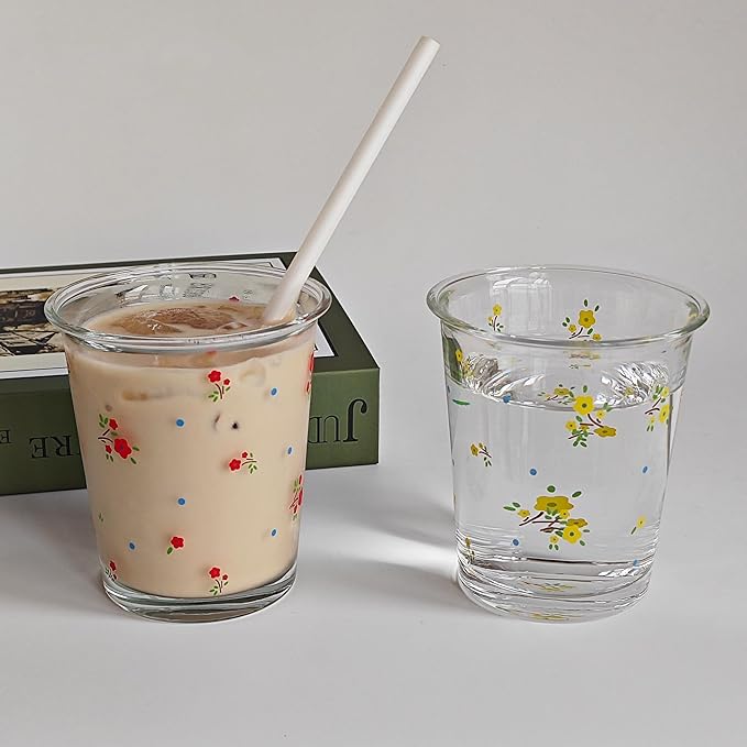 Set of 2 12 OZ French Floral Drinking Glasses Flower Glass Coffee Cup Cute Glass Cups for Iced Coffee,Tea,Juice,Latte,Milk,Dessert,Stackable Glassware Drinkware Set(red yellow)