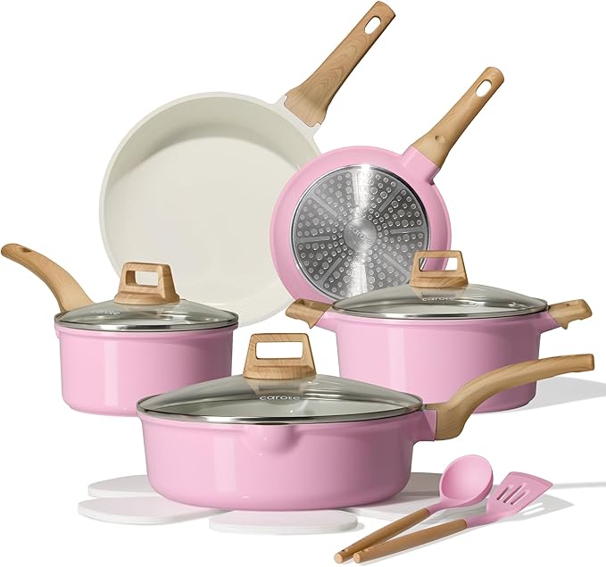 CAROTE Ceramic Cookware Set, 14 PCS Pots and Pans Set Non Stick, Pot and Pan Set with Frying pan, Induction Ready Cooking Set for Kitchen, PFOS/PFOA/PFAS Free, Pink