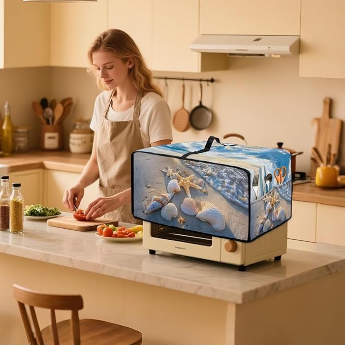 Beach Starfish Shell Print Toaster Oven Scratch-resistant Cover, Heat-resistant Small Appliance Cover for Kitchen Counter with Storage Pockets (Small-14.5 * 18.46 * 9 inches)
