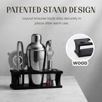 Modern Mixology Cocktail Shaker Set - Bartender Kit with Pine Stand | Leak-Proof Design | Includes Martini Shaker, Jigger, Strainer, Spoon, Tongs | Perfect Bar Tools Gift for Home Mixology (Silver)