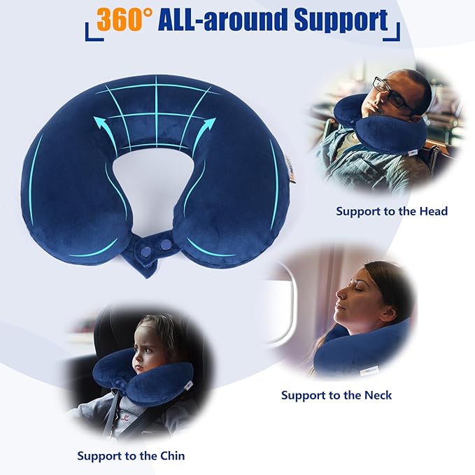 SAIREIDER Travel Pillow 100% Memory Foam Airplanes Neck Pillows -Prevent The Heads from Falling Forward Travel Neck Pillows with Sleep Mask and Earplugs (Navy Blue)
