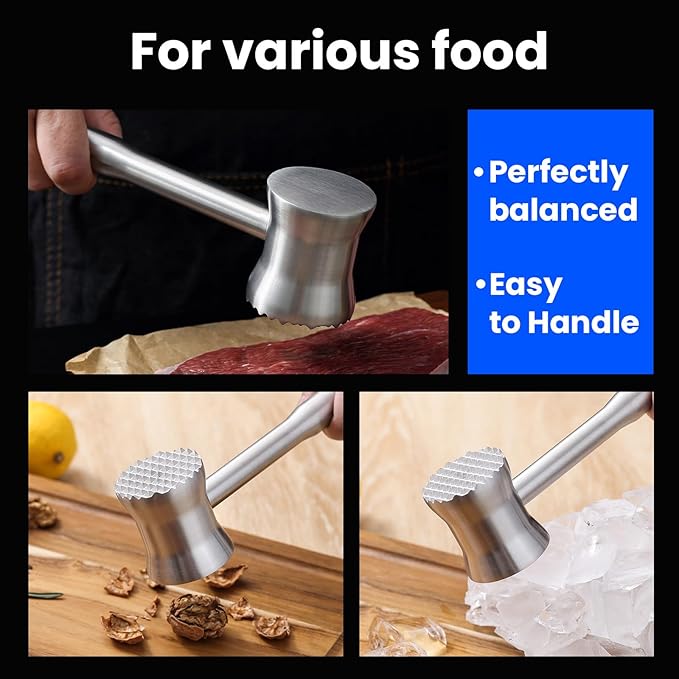 304 Stainless Steel Meat Tenderizer Mallet, Meat Hammer Dishwasher Safe with Storage Bag & Gift Box, Dual Sided Chicken Pounder for Steak, Beef, Poultry, Heavy Duty Kitchen Mallet