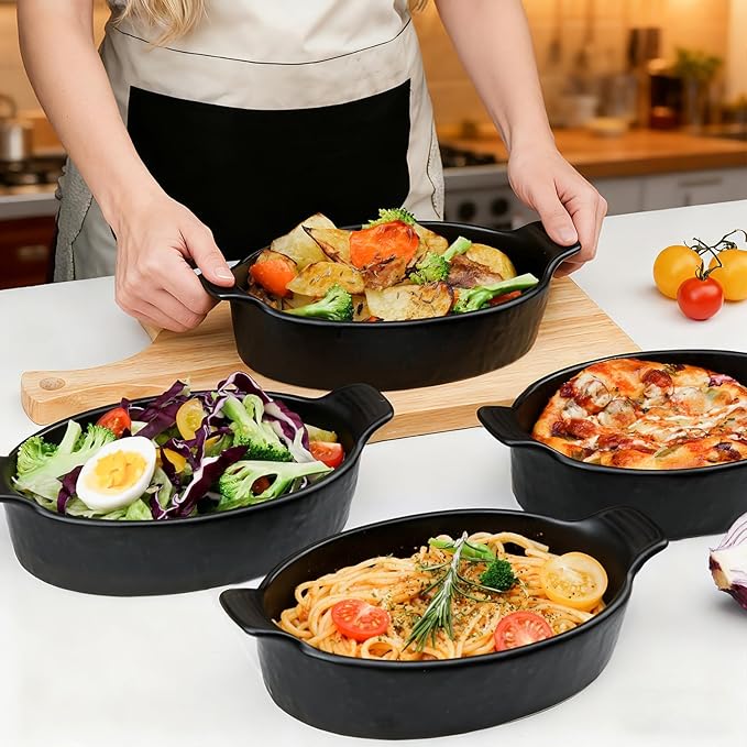 Oval Au Gratin Baking Dishes Set of 4 9" x 5" 19 oz matte black Ceramic Oven Safe & Heat Resistant With Handles for Small Mini Casseroles Cooking & Serving