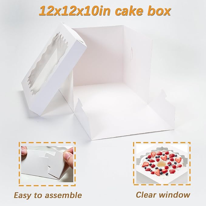 10pcs Cake Boxes 12 Inch,12x12x10in Tall Cake Boxes with Window,10in 12in White Bakery Boxes with Lids,Large Baking Boxes,Square Bakery Boxes for Multi-Layer Cakes