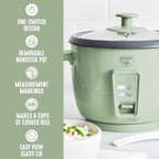 GreenLife Rice Cooker with Removable PFAS-Free Ceramic Nonstick Pot, 3-Cups Uncooked/6-Cups Cooked, Grains & Oatmeal Multicooker, Compact One-Switch Design, Auto Keep Warm, Easy Clean, Sage Green