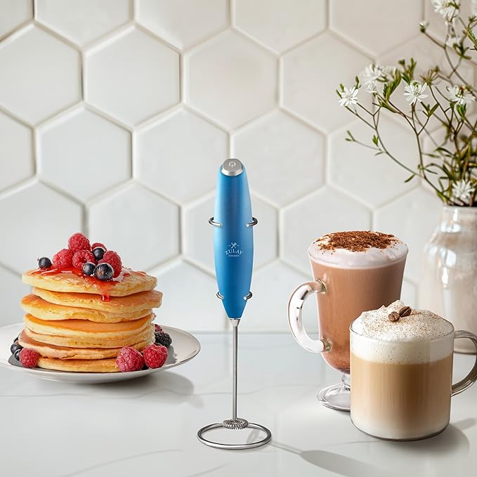 Zulay Kitchen Powerful Milk Frother Wand With 4 AA Duracell Batteries - Ultra Fast Handheld Drink Mixer - Electric Whisk Foam Maker for Coffee, Lattes, Cappuccino, Matcha & Creamer - Metal Blue