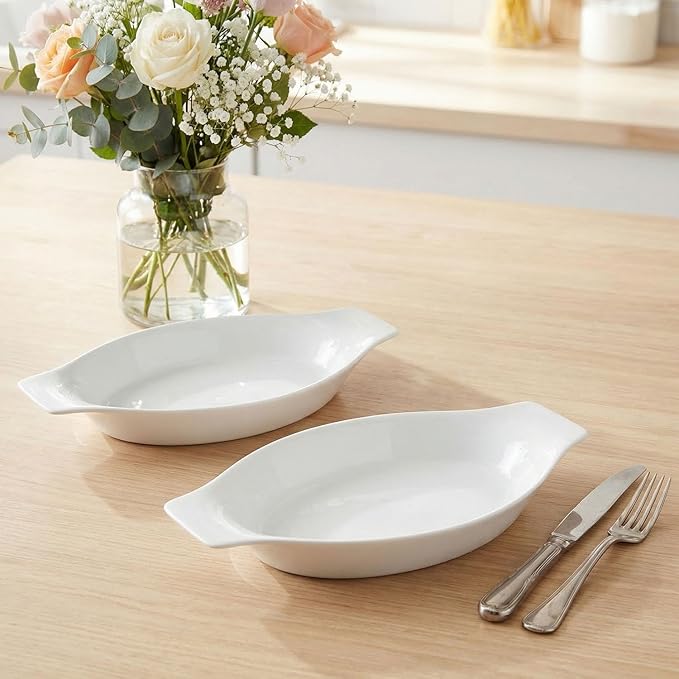 5 x 8 Inch Ceramic Oval Au Gratin Baking Dishes 12 OZ, Set of 4 Banana Split Bowls, for 1 or 2 Person Servings, Bakeware with Handle(10.3 IN) for Kitchen and Home, Oven & Microwave Safe