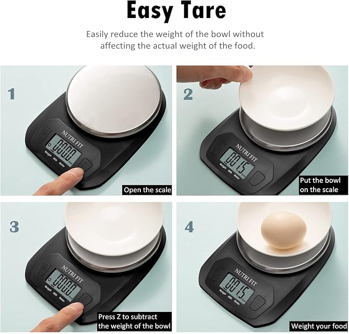 NUTRI FIT Digital Food Scale Small Kitchen Scales Weight in Grams and OZ for Cooking Baking Weight Loss, Stainless Steel Tare & Backlit LCD Display, Black