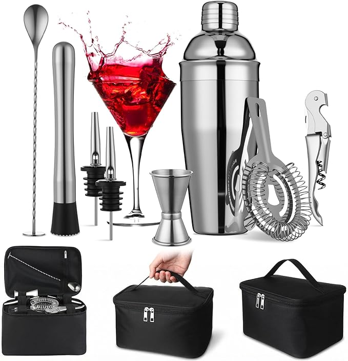 9 Pcs Travel Bartender Kit Cocktail Shaker Set with Bag 25oz Martini Shaker Kit, Ice Crusher, Wine Opener, Strainer, Spoon, Jigger, Pourer, Portable Bar Gift for Home Rv Summer Party Outdoor