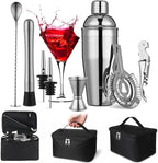9 Pcs Travel Bartender Kit Cocktail Shaker Set with Bag 25oz Martini Shaker Kit, Ice Crusher, Wine Opener, Strainer, Spoon, Jigger, Pourer, Portable Bar Gift for Home Rv Summer Party Outdoor