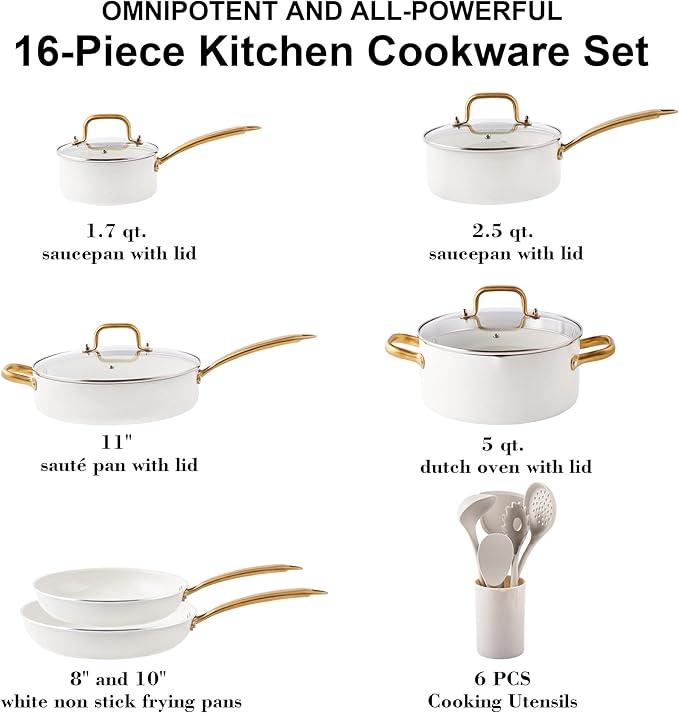Pots and Pans Set - VONIKI Nonstick Granite Cookware Set, Gold Kitchen Cookware Sets, Non Toxic Cooking Pot Set, PFOA Free, Oven & Dishwasher Safe - Ideal Gift for Home Chefs