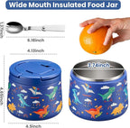 14oz Insulated Vacuum Food Jar with Buckle Lid,Soup Thermo for Hot Food Kids,Wide Mouth Leakproof Stainless Steel Lunch Container with Spoon-Dinosaur