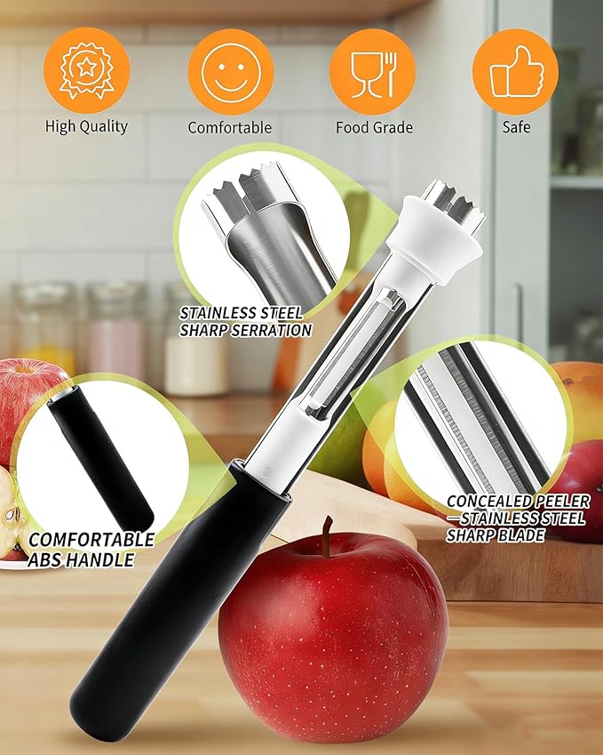 2 in 1 Apple Corer and Peeler Tool, Fruit Vegetable Corer and Peeler Tool Stainless Steel Apple Peeler Apple Corer Remover Tool Multifunction Corer Tool for Vegetable Fruit Kitchen Gadget (Black)