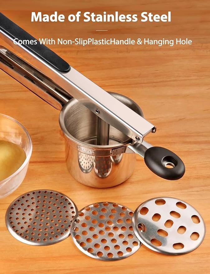 Potato Ricer, Stainless Steel Fruit and Vegetables Masher Food Ricer Large Capacity with 3 Interchangeable Discs & Inner Cup