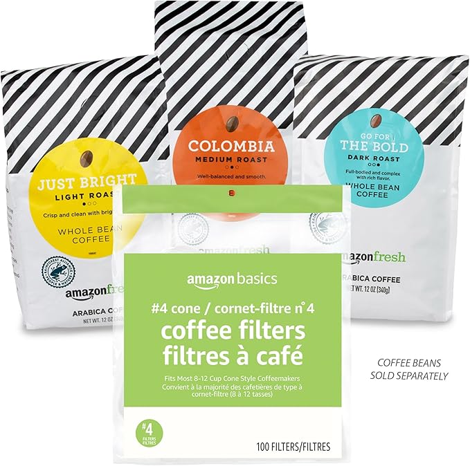 Amazon Basics Number 4 Cone Coffee Filters for 8-12 Cup Coffee Makers, White, 100 Count (Pack of 2)