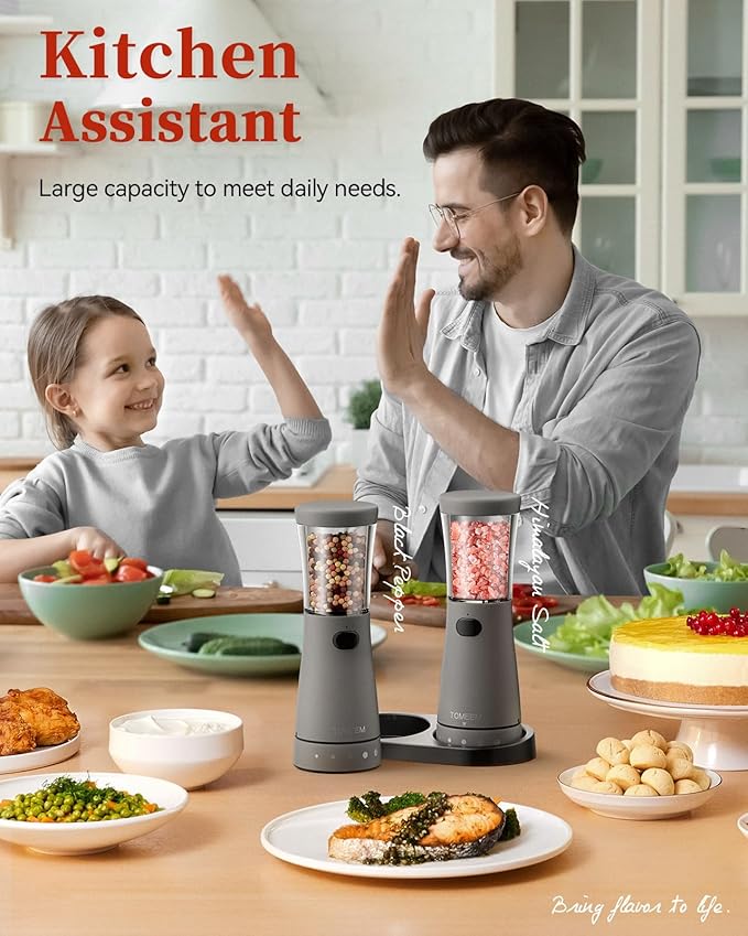Electric Salt and Pepper Grinder Set with Storage Base, Stainless Steel Rechargeable Salt and Pepper Grinder Set with 4.5 oz Large Capacity, 1.8" Wide Mouth, Adjustable Coarseness, Ideal for Kitchen