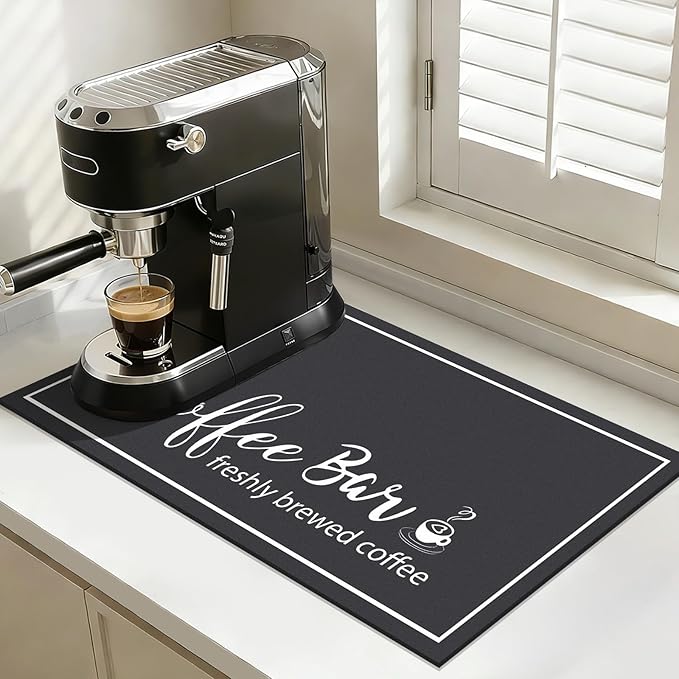 Findosom 12"x 20" Dish Drying Mat, Super Absorbent & Cuttable Coffee Mat, Hide Stain Bar Mat for Kitchen Counter, Coffee Bar Accessories, Black
