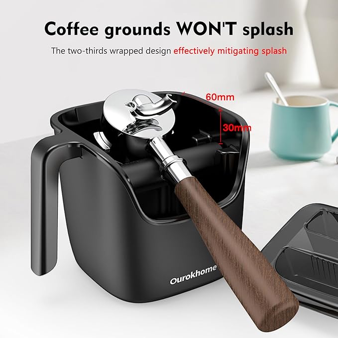 Ourokhome Knock Box Espresso Accessories, The Latest Patented Stainless Steel Espresso Machine Tool for Coffee Ground with Removable Knock Bar, Handle and Lid, Dishwasher safe, 4.8 inch (Black)