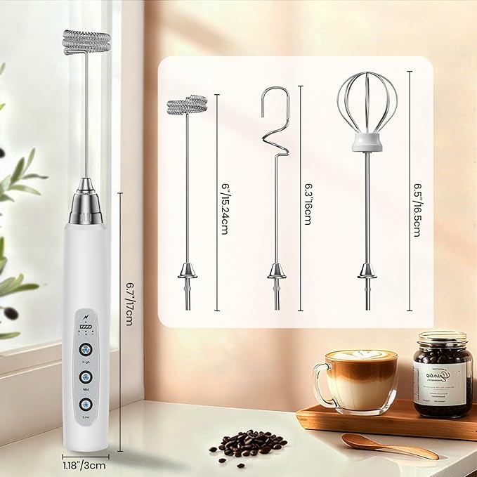Colarlemo Milk Frother Handheld Rechargeable, Frother Wand Drink Mixer Electric Whisk for Coffee, Detachable With 3 Stainless Whisks, Hand Mixer for Lattes, Cappuccino, Matcha, Egg, No Stand, White