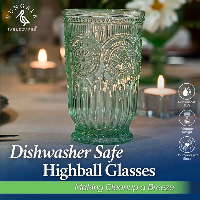 Yungala Green Highball Glasses Set of 6 Tall Drinking Glasses 10 oz