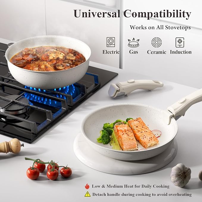 Bazova 22-Piece Pots and Pans Set Non Stick with Removable Handles, Ceramic Cookware Set, Large-Capacity & Non Toxic, Induction & RV Compatible, Dishwasher Safe, PFAS/PTFE/PFOA Free, White