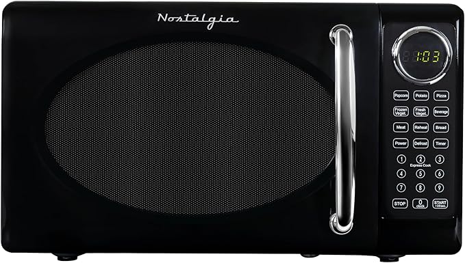 Nostalgia Retro Microwave Oven - 0.7 Cu Ft, 700-Watt Countertop Size with Glass Turntable, Child Safety Lock, 8 Auto-Cook Programs, Digital Clock - Black