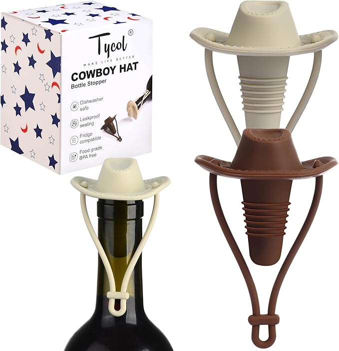 Silicone Wine Stopper Cute Wine Accessories Reusable Sealing plug Fun Cowboy Hat bottle Seals keep wine fresh Gifts for Wine Collector replacement Corks (Brown+White)