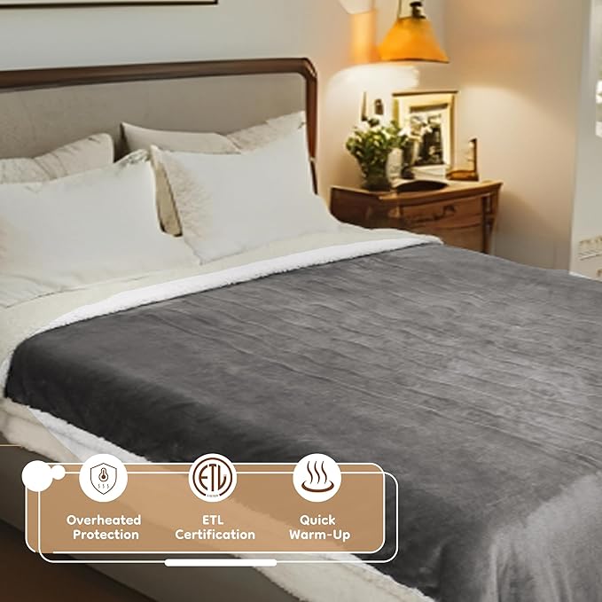 Electric Heated Blanket Throw - 50"x60", Soft Flannel Heating Blanket, 4 Heating Levels, 3H Auto Shut Off, Breathable Warm and Washable for Sofa, Light Grey