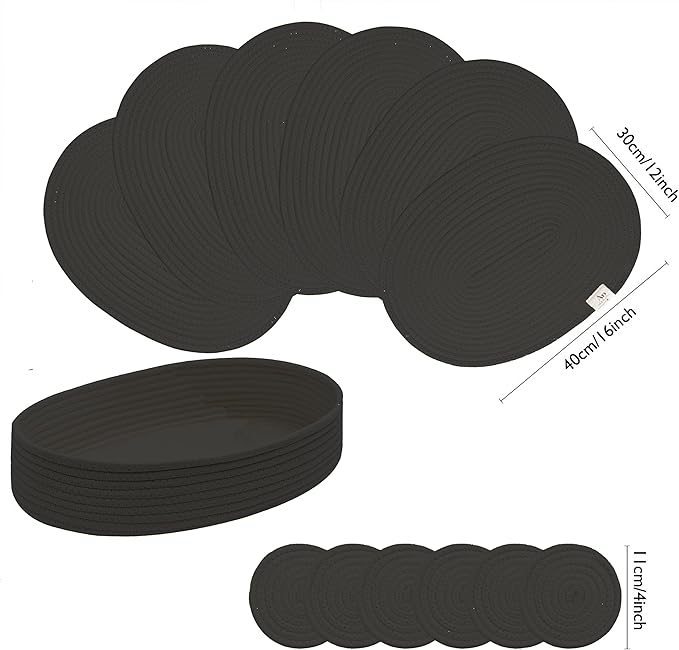 Placemats Set of 6 Oval – Woven Boho Farmhouse Table Mats for Dining Table for 6, Kitchen Decor, Washable and Handmade Rustic Table Accessories (Oval Plus 6 Coasters, Black)