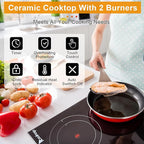 Winado 2 Burners Electric Ceramic Cooktop 20 inch, 220-240V Flat Top Stove, Multi-function Elecric Stovetop w/9 Heating Level, Timer & Kid Safety Lock, Sensor Touch Control, Timer Setting, Plug, 3000W